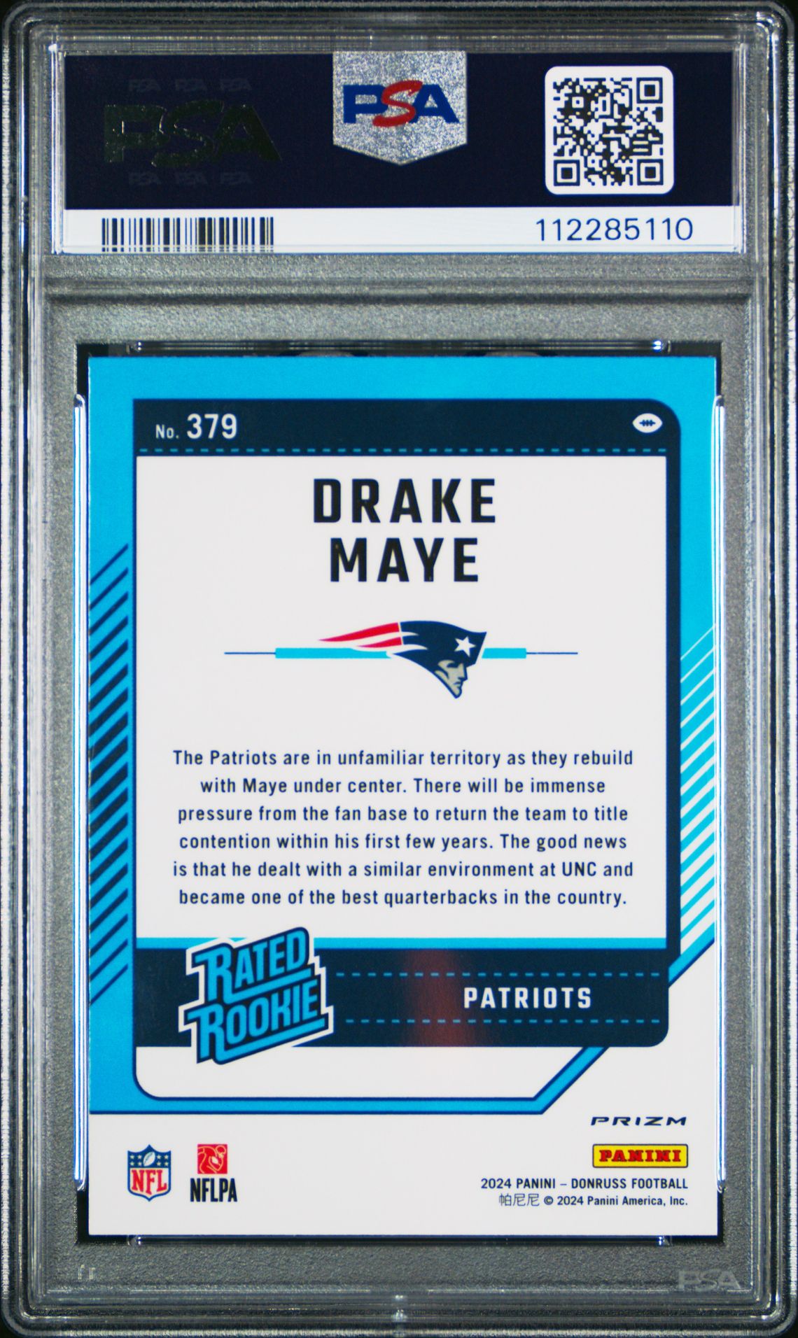 2024 Panini Donruss Drake Maye #379 (Optic Preview-Pink) Gem Mt 10 back