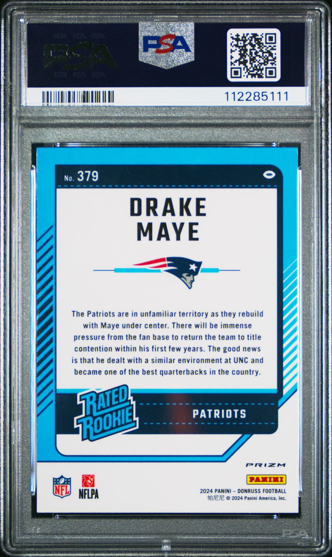 2024 Panini Donruss Drake Maye #379 (Optic Preview-Pink) Gem Mt 10 back