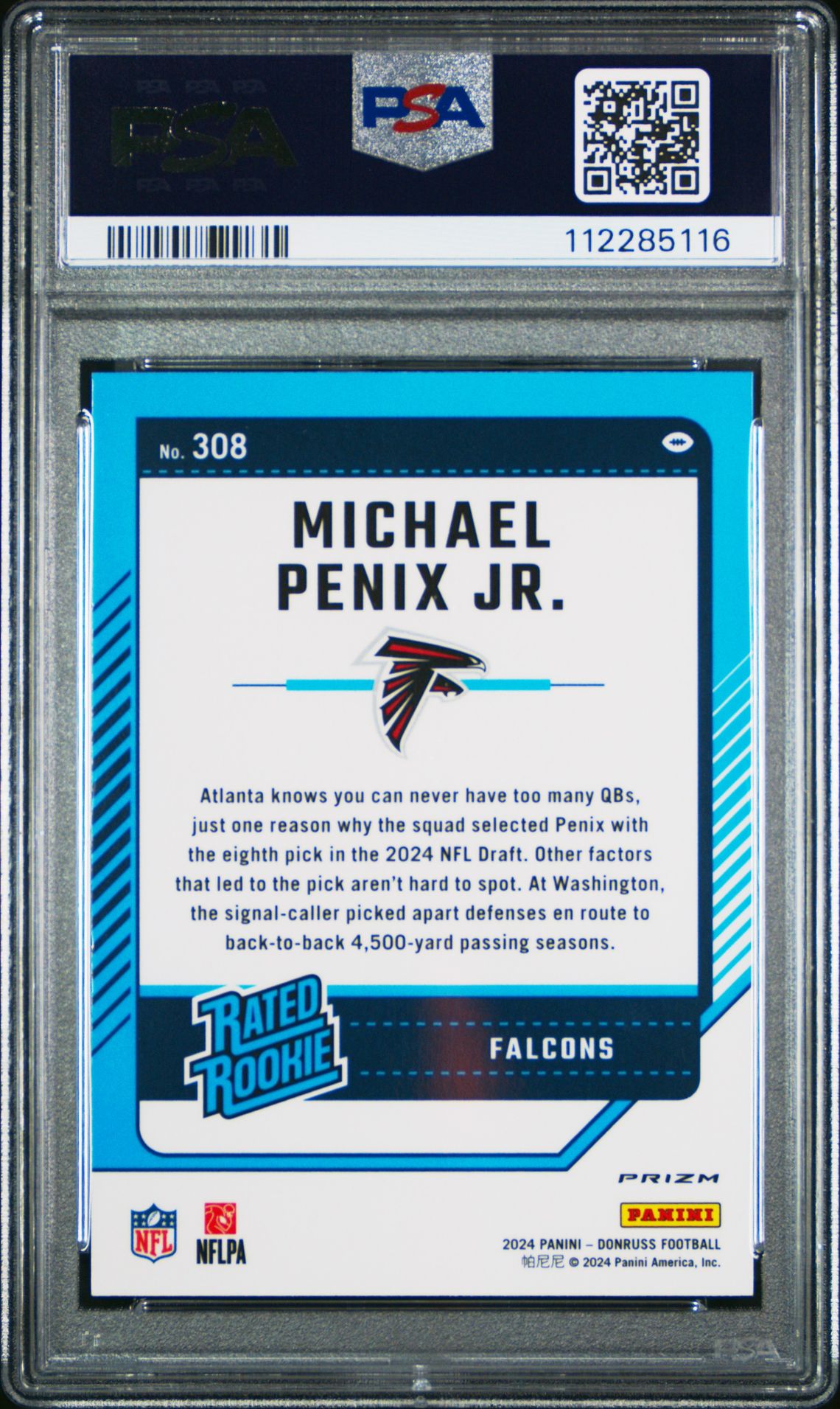 2024 Panini Donruss Michael Penix Jr. #308 (Optic Preview-Red Wave) Gem Mt 10 back