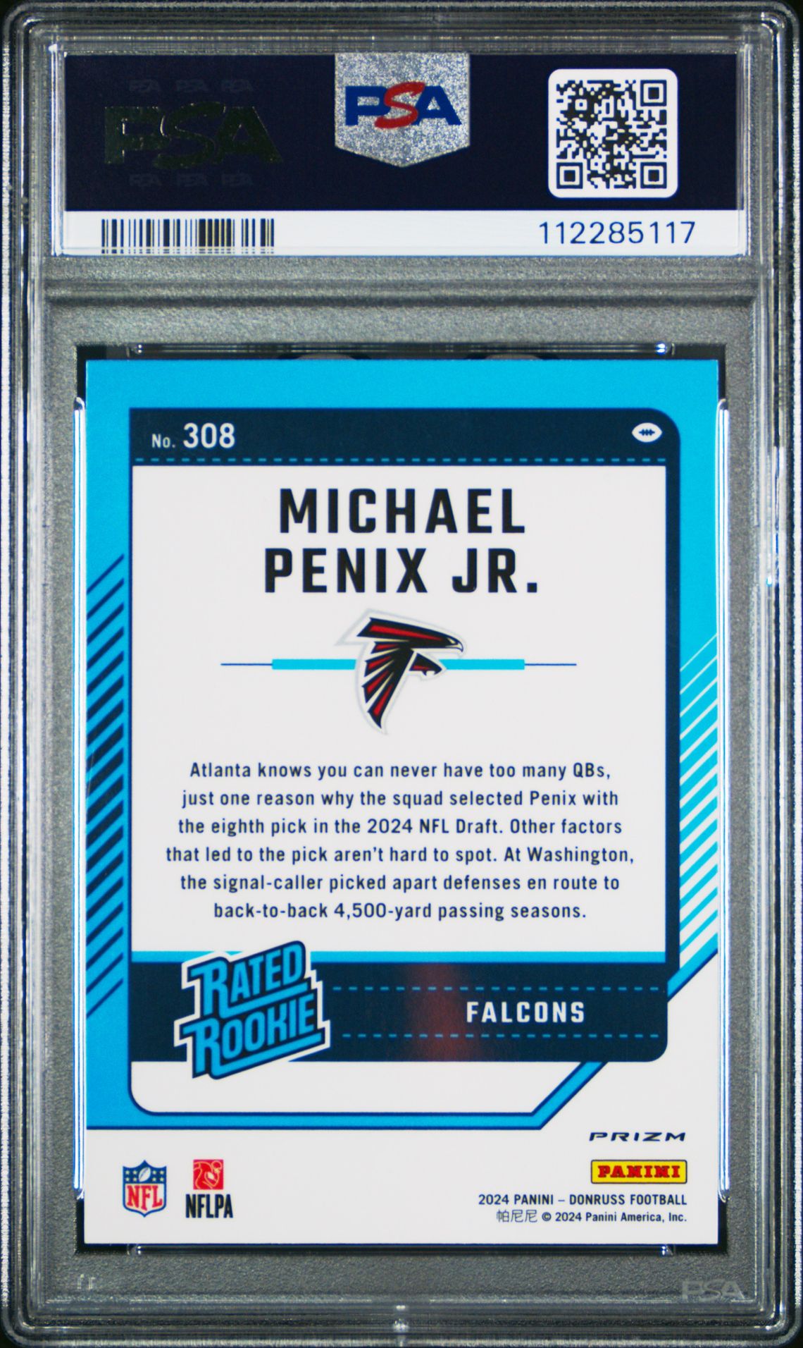 2024 Panini Donruss Michael Penix Jr. #308 (Optic Preview-Red Wave) Gem Mt 10 back