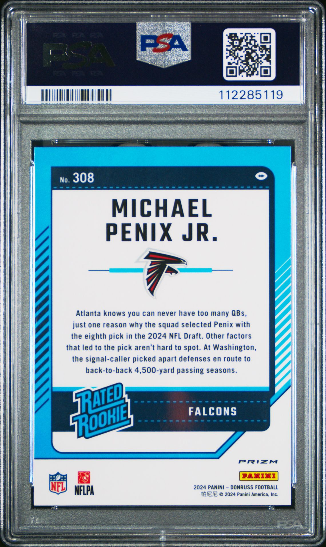 2024 Panini Donruss Michael Penix Jr. #308 (Optic Preview-Red Wave) Gem Mt 10 back