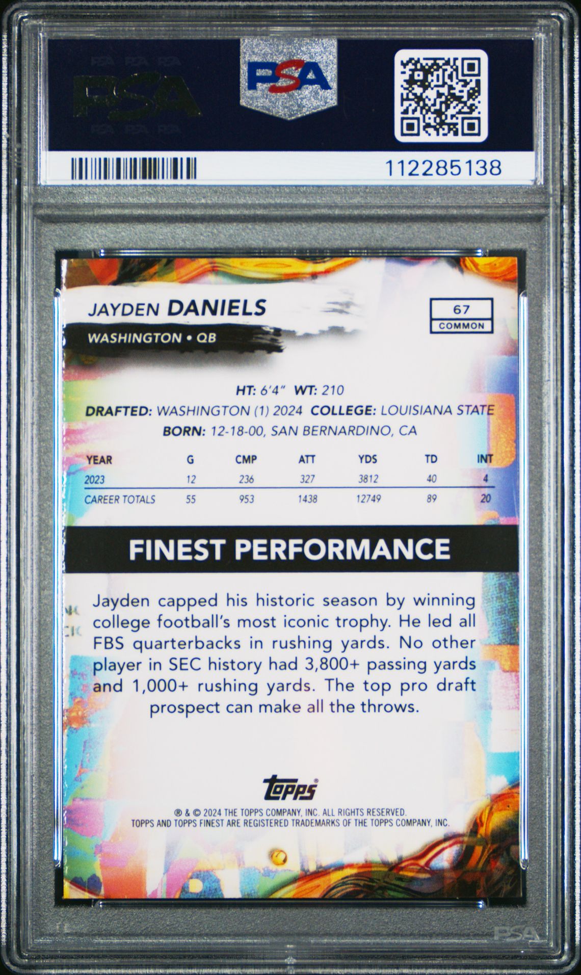 2024 Topps Finest Jayden Daniels #67 (Sky Blue Refractor) Gem Mt 10 back