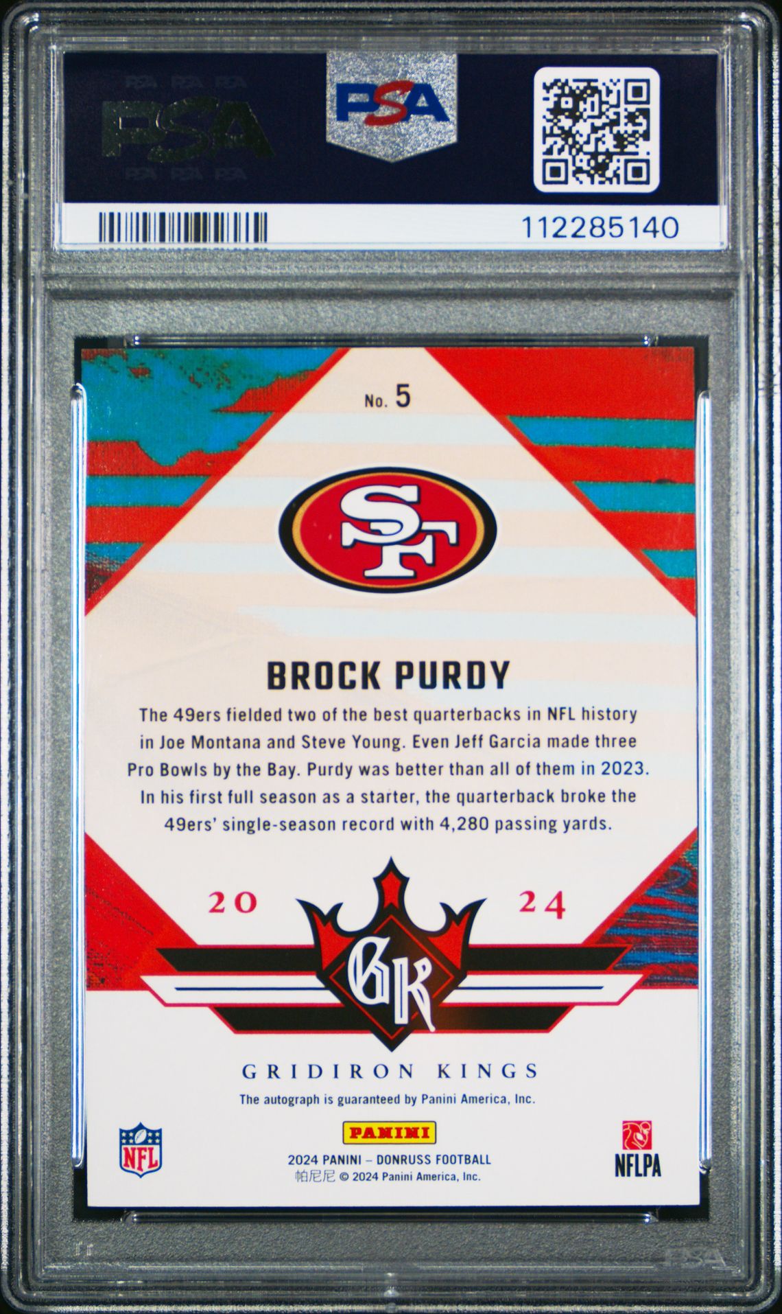 2024 Panini Donruss Gridiron Kings Autographs Brock Purdy #5 Gem Mt 10 back