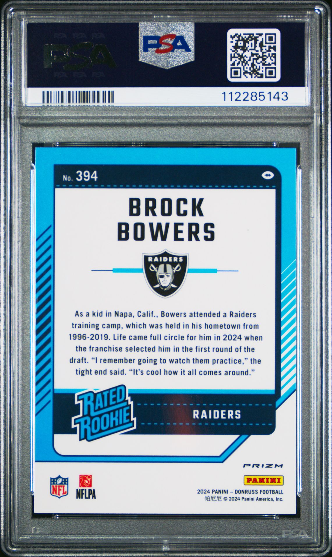 2024 Panini Donruss Brock Bowers #394 (Optic Preview-Pink) Gem Mt 10 back