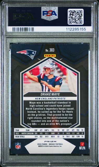 2024 Panini Mosaic Drake Maye #303 (Reactive Blue) Mint 9 back