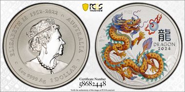 2024-P125 $1 Year of the Dragon Ag Orange Right Colorized MS70