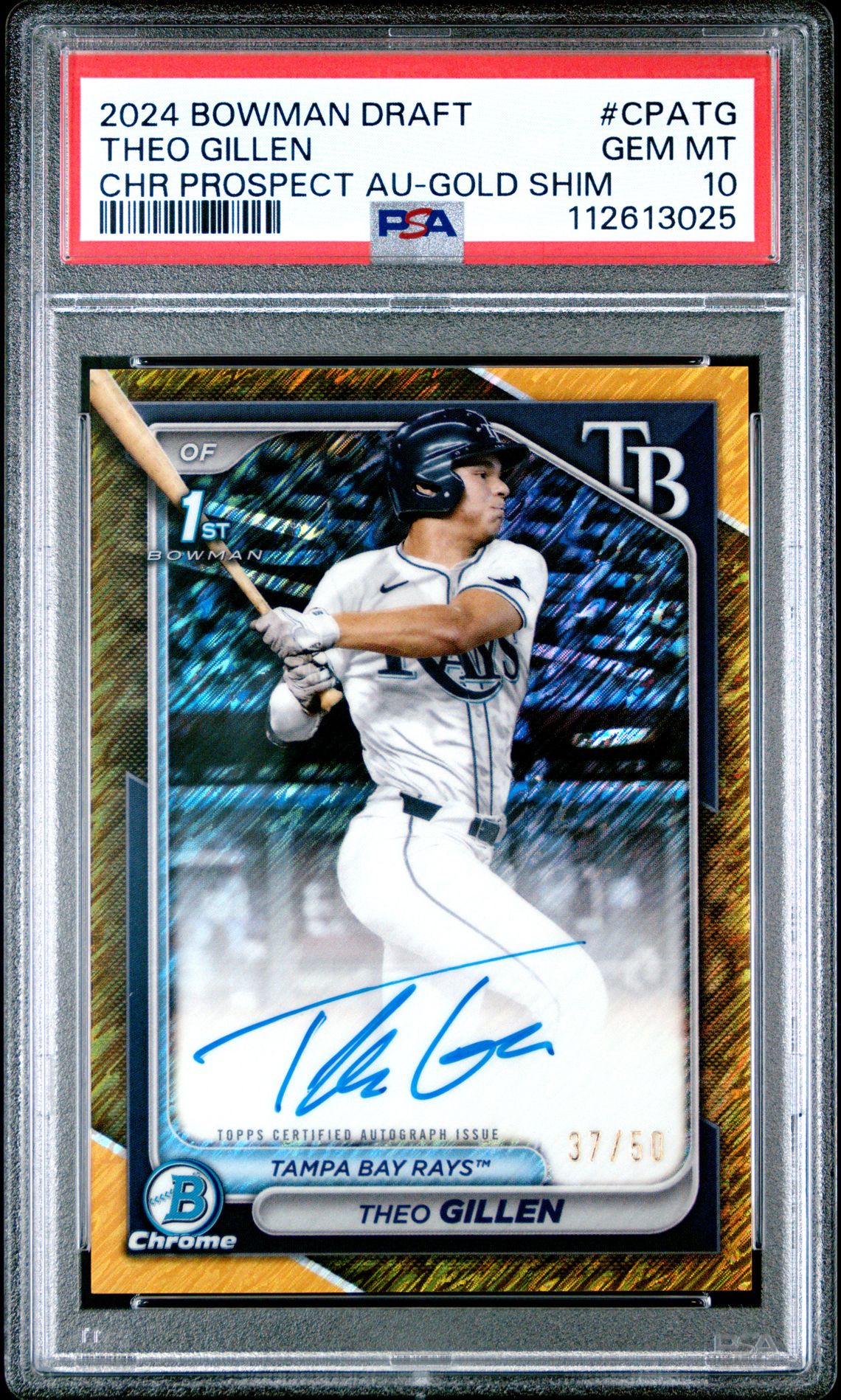 2024 Bowman BOWMAN DRAFT CHROME PROSPECT AUTOGRAPHS CHR PROSPECT AU-GOLD SHIM #CPATG Theo Gillen front