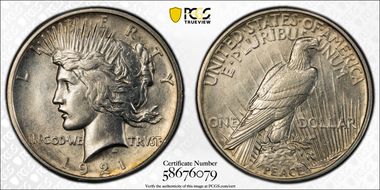 1921 $1 High Relief, Peace N1