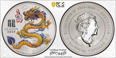 2024-P125 $1 Year of the Dragon Ag Orange Left Colorized MS70