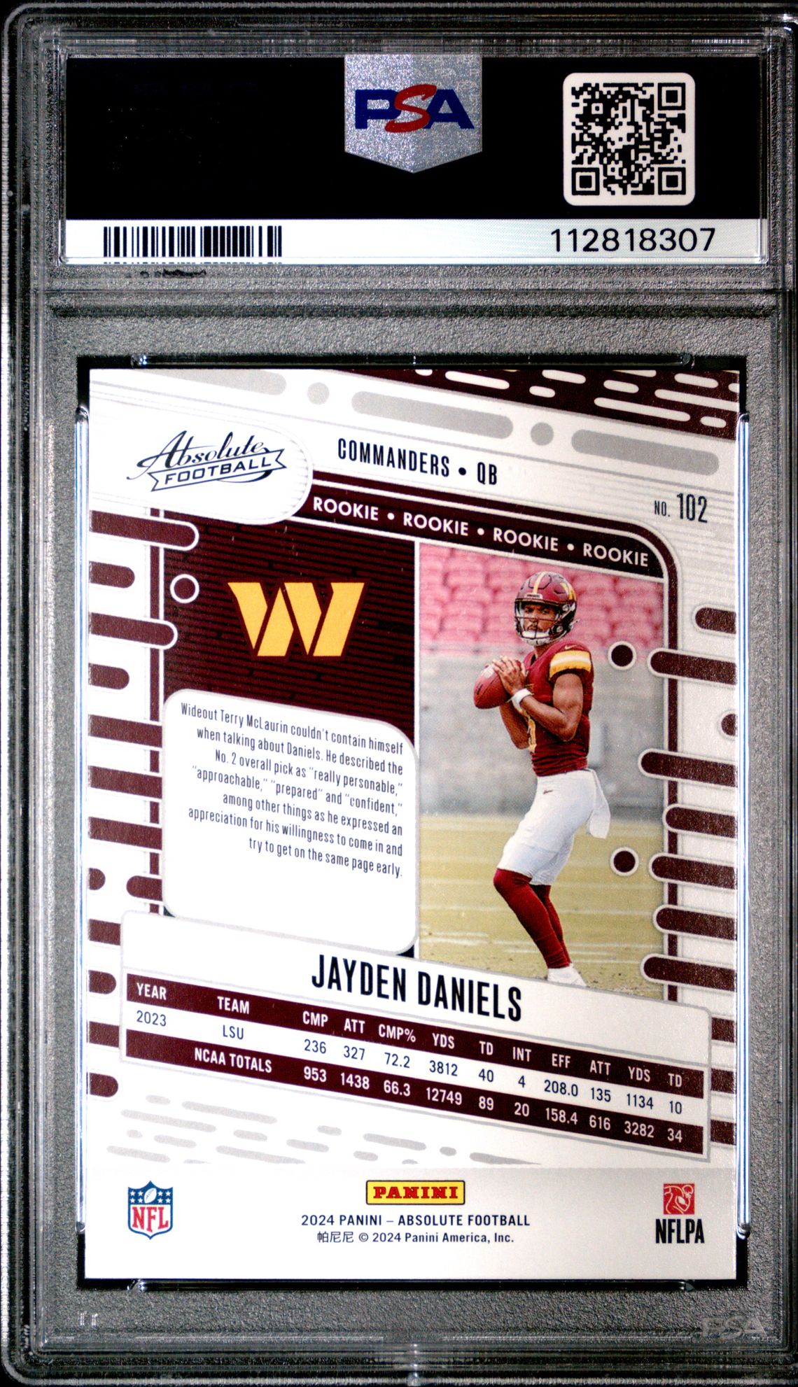 2024 Panini Absolute Jayden Daniels #102 Gem Mt 10 back