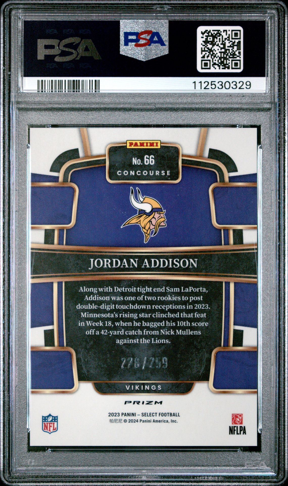 2023 Panini Select Jordan Addison #66 (Tri-Color Prizm) Gem Mt 10 back