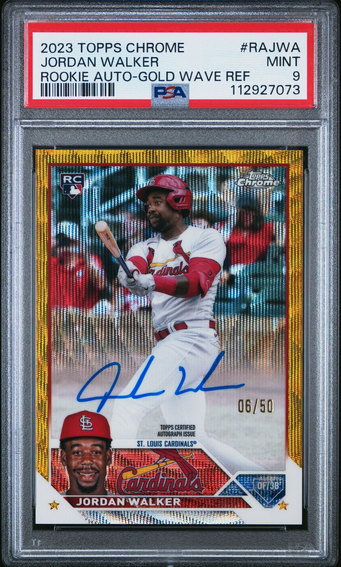 2023 Topps TOPPS CHROME ROOKIE AUTOGRAPH ROOKIE AUTO-GOLD WAVE REF #RAJWA Jordan Walker front