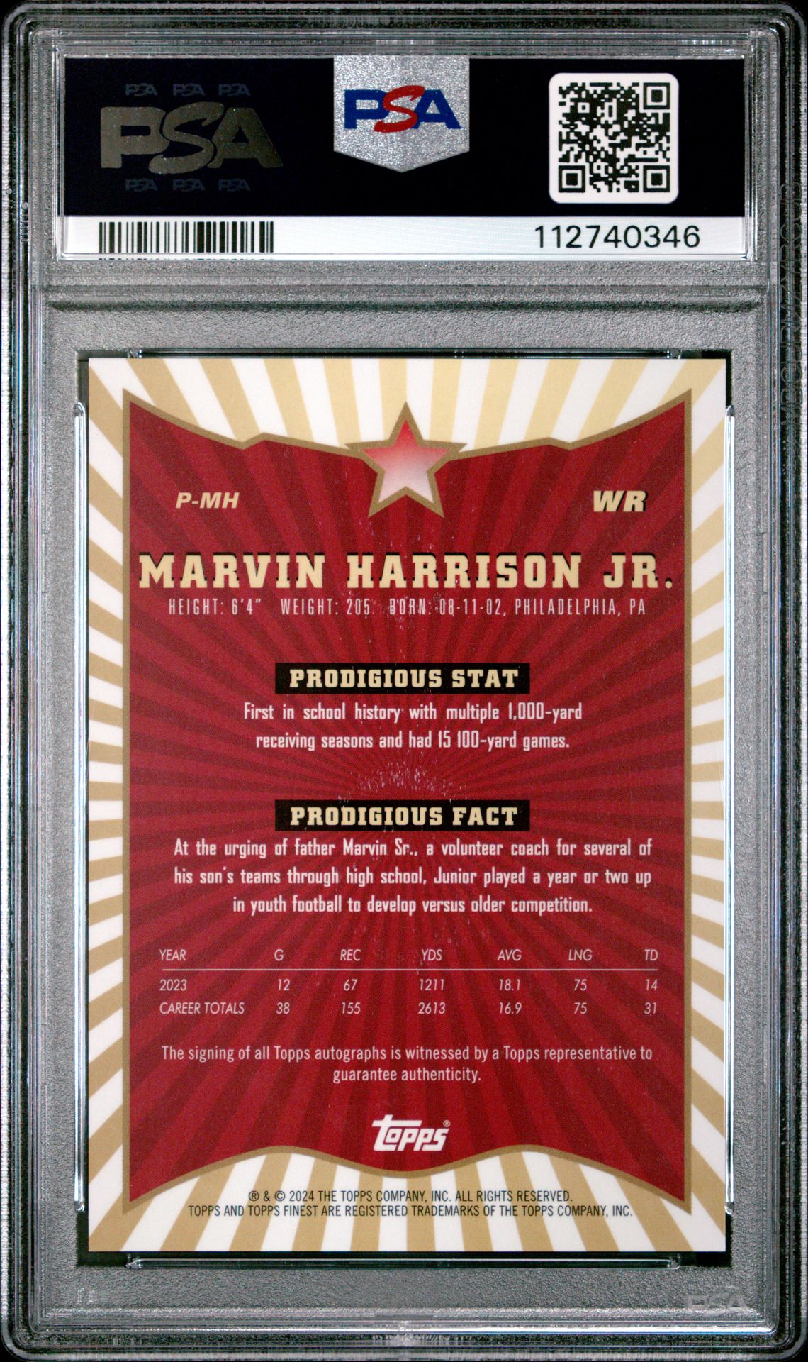 2024 Topps Finest Prodigies Autographs Marvin Harrison Jr. #Pmh (Prodigies Auto-Gold Ref) Gem Mt 10 back