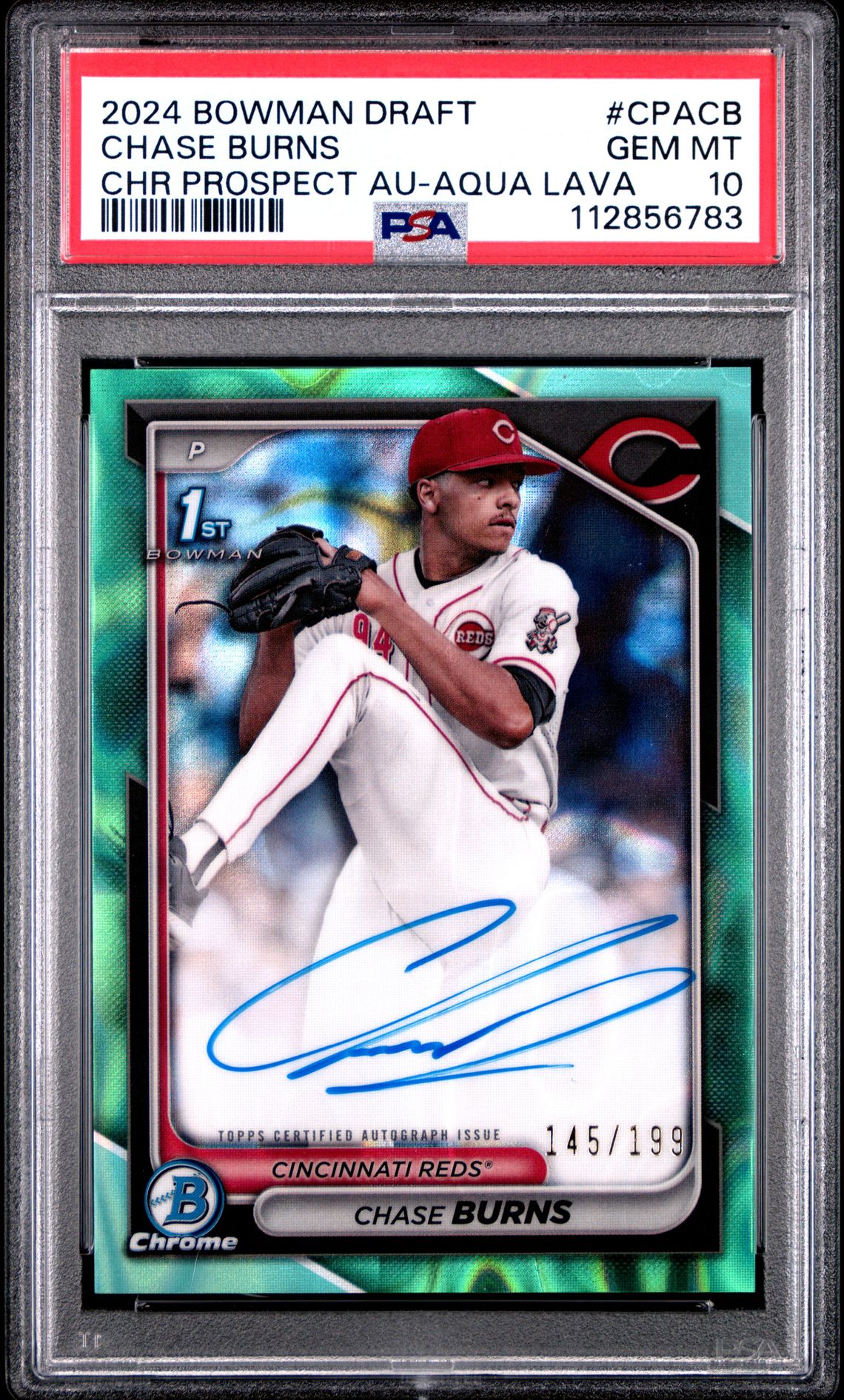 2024 Bowman BOWMAN DRAFT CHROME PROSPECT AUTOGRAPHS CHR PROSPECT AU-AQUA LAVA #CPACB Chase Burns front