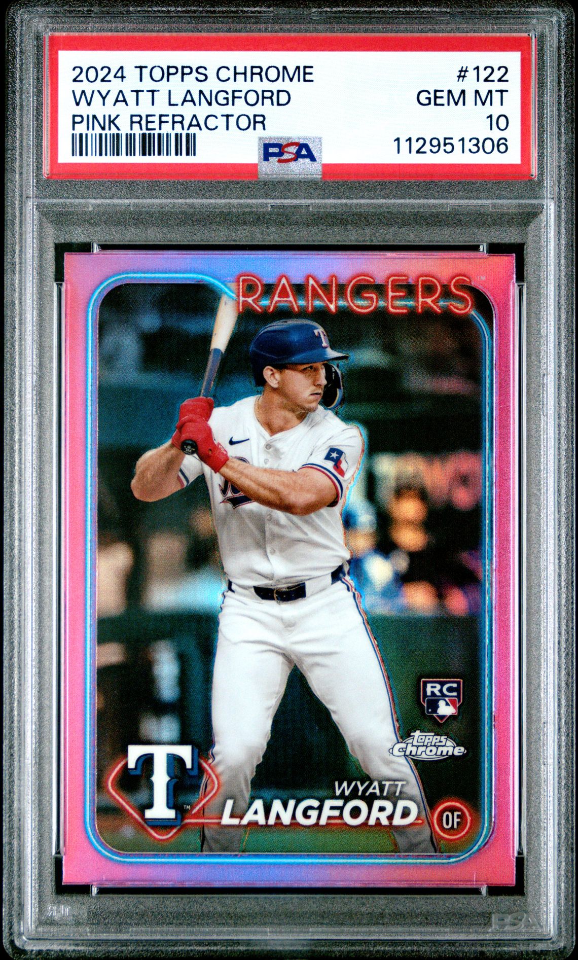 2024 Topps Chrome Wyatt Langford #122 (Pink Refractor) Gem Mt 10 front view - PSA graded GEM MT 10