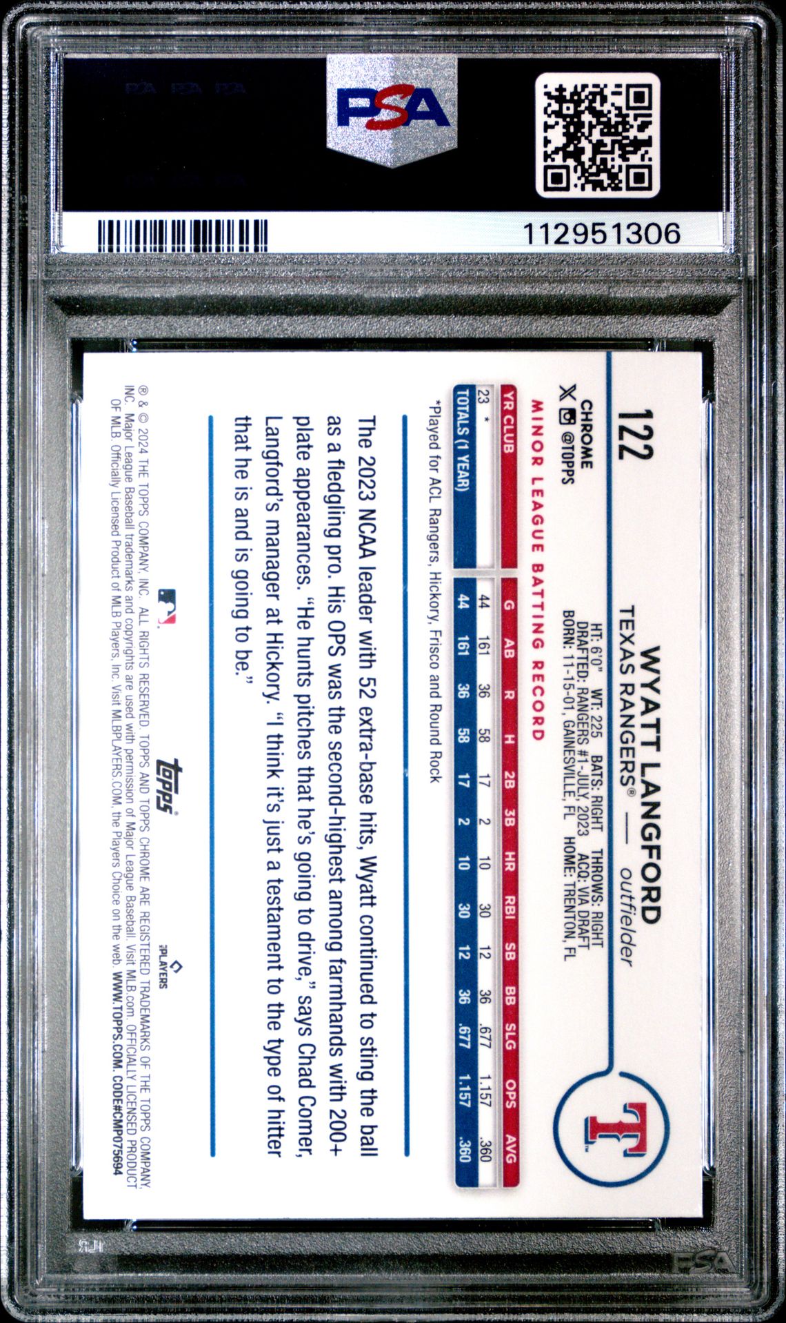 2024 Topps Chrome Wyatt Langford #122 (Pink Refractor) Gem Mt 10 back view - PSA certificate #112951306