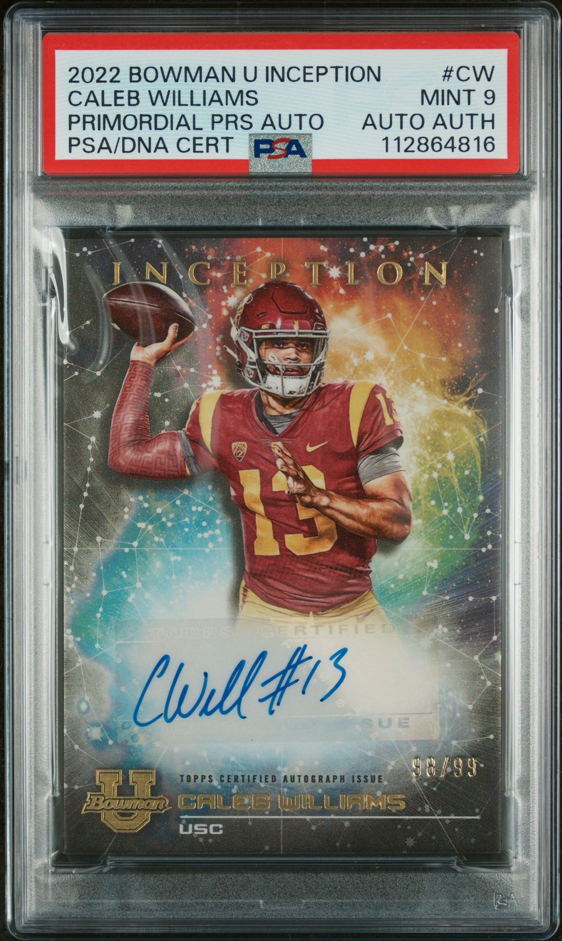 2022 Bowman BOWMAN UNIVERSITY INCEPTION PRIMORDIAL PROSPECT AUTOGRAPHS PRIMORDIAL PRS AUTOCertificationPrimary Signer (1 Signer)CALEB WILLIAMS #CW Caleb Williams front