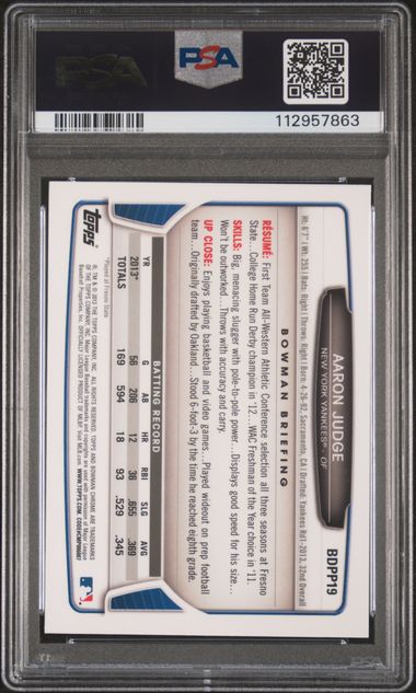 2013 Bowman Chrome Draft Picks & Prospects Aaron Judge #Bdpp19 (Draft Picks & Prospects) Mint 9 back