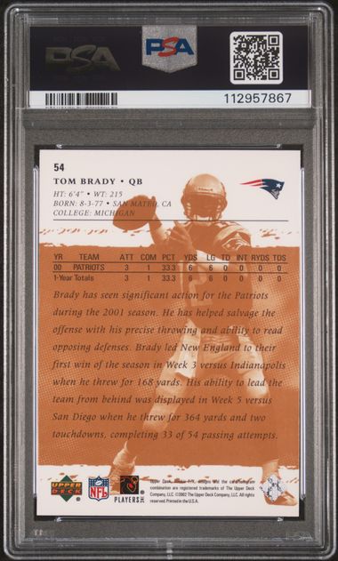 2001 Upper Deck Rookie F/X Tom Brady #54 Mint 9 back