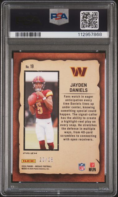 2024 Panini Mosaic Notoriety Jayden Daniels #19 (Notoriety-Org Fluorescent) Gem Mt 10 back