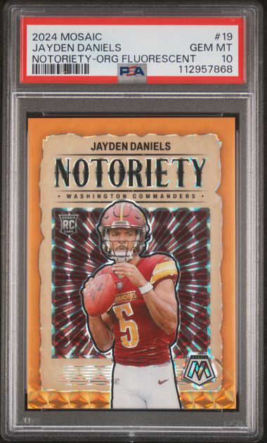 2024 Panini Mosaic Notoriety Jayden Daniels #19 (Notoriety-Org Fluorescent) Gem Mt 10 front
