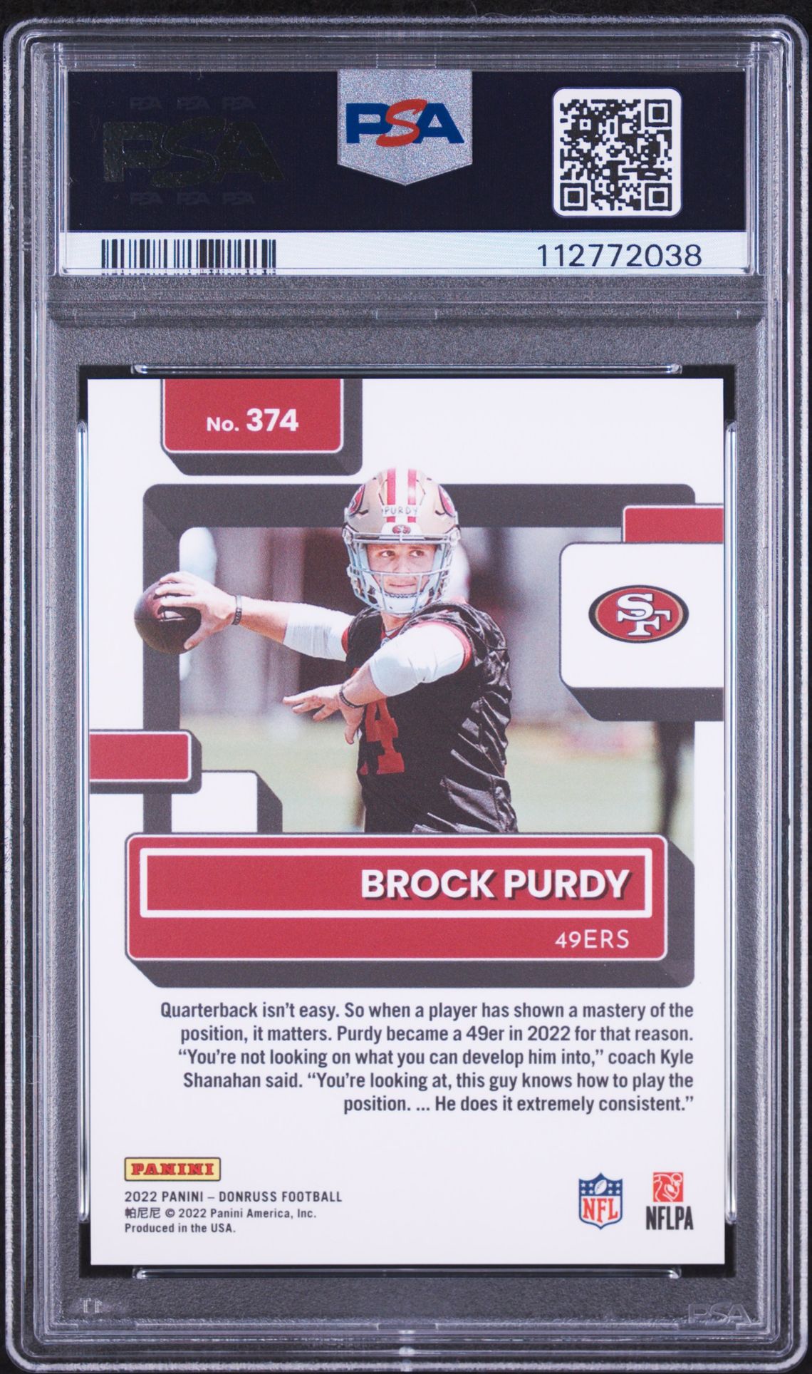 2022 PANINI DONRUSS BROCK PURDY PRESS PROOF PREMIUM 374 GEM MT 10 back