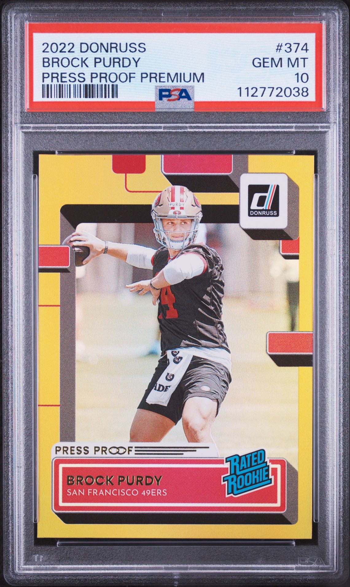 2022 PANINI DONRUSS BROCK PURDY PRESS PROOF PREMIUM 374 GEM MT 10 front