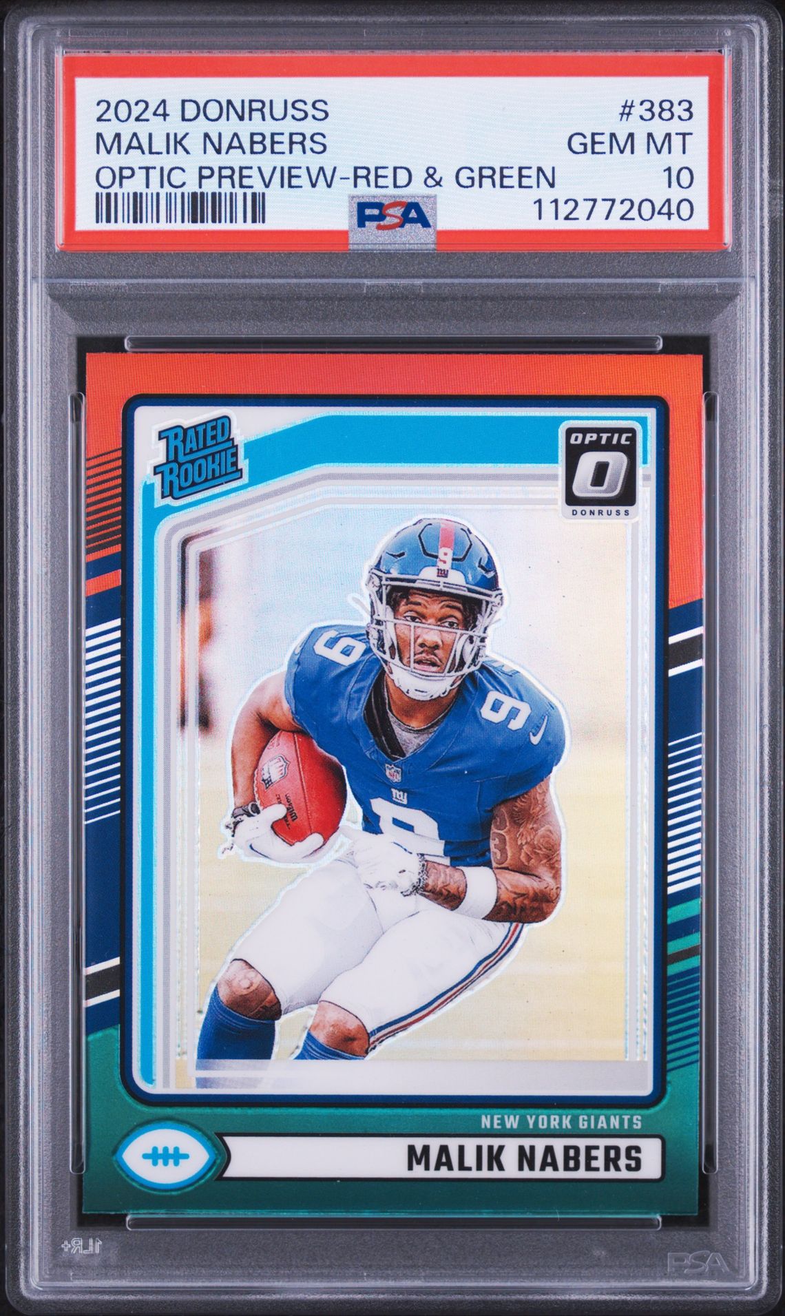 2024 Panini Donruss Malik Nabers #383 (Optic Preview-Red & Green) Gem Mt 10 front view - PSA graded GEM MT 10