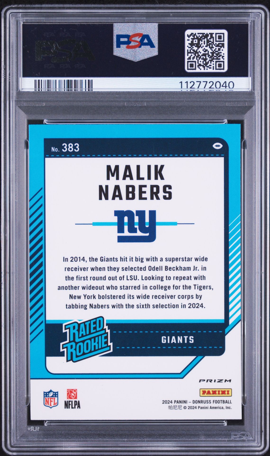 2024 Panini Donruss Malik Nabers #383 (Optic Preview-Red & Green) Gem Mt 10 back view - PSA certificate #112772040