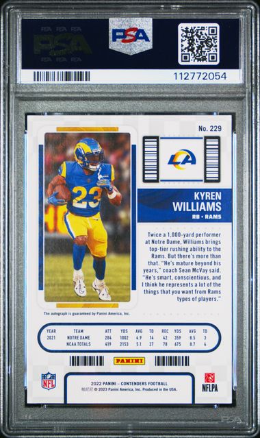 2022 Panini Contenders Kyren Williams #229 (Autograph) Gem Mt 10 back