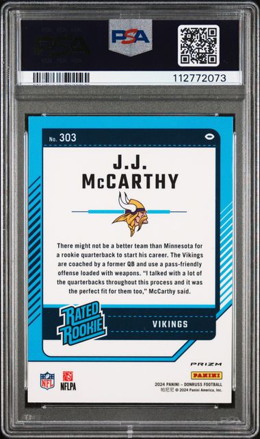 2024 Panini Donruss Jj Mccarthy #303 (Optic Preview-Red & Green) Mint 9 back