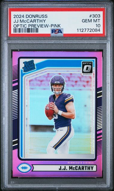 2024 Panini Donruss Jj Mccarthy #303 (Optic Preview-Pink) Gem Mt 10 front