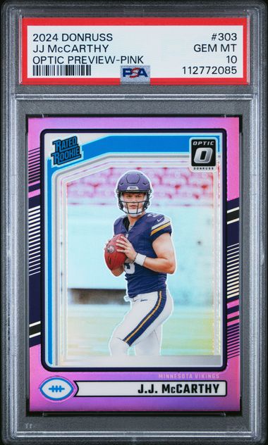2024 Panini Donruss Jj Mccarthy #303 (Optic Preview-Pink) Gem Mt 10 front