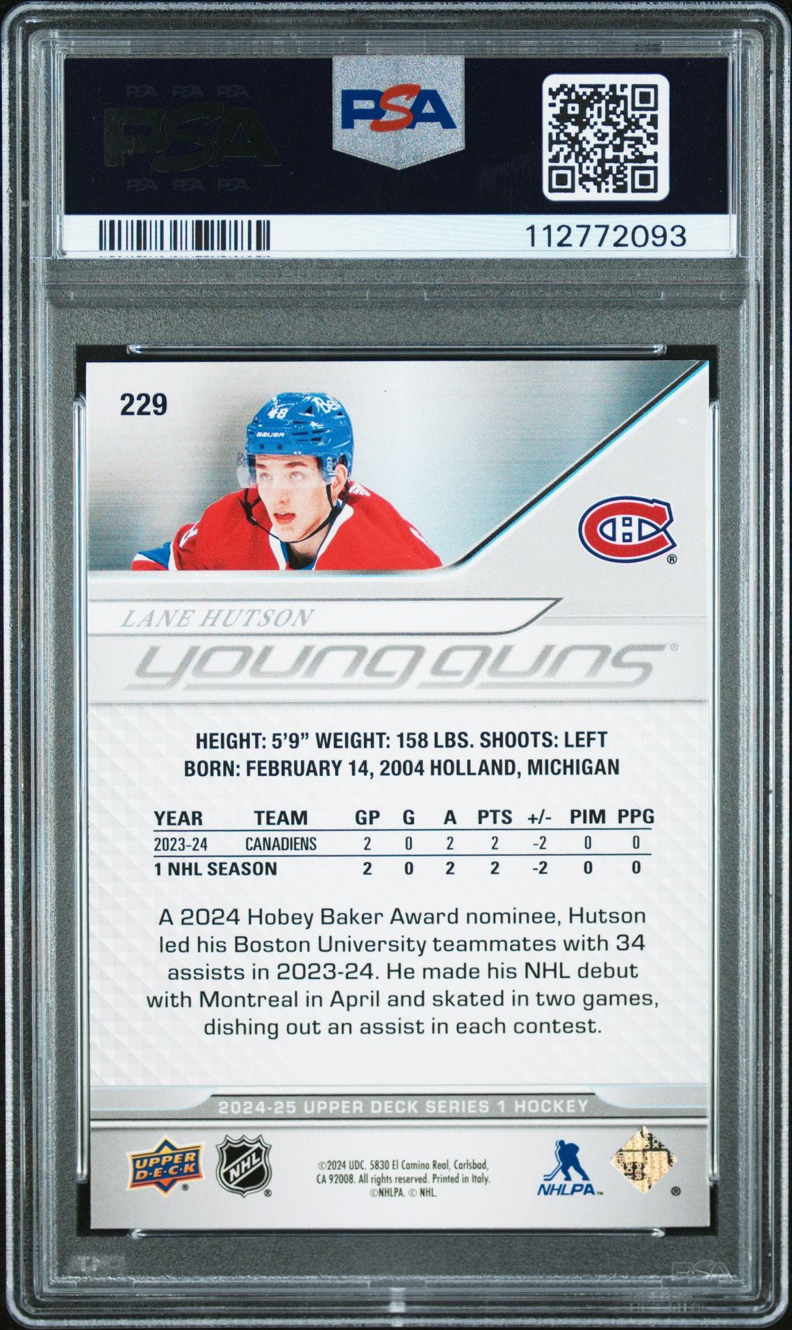 2024 Upper Deck Lane Hutson #229 Gem Mt 10 back