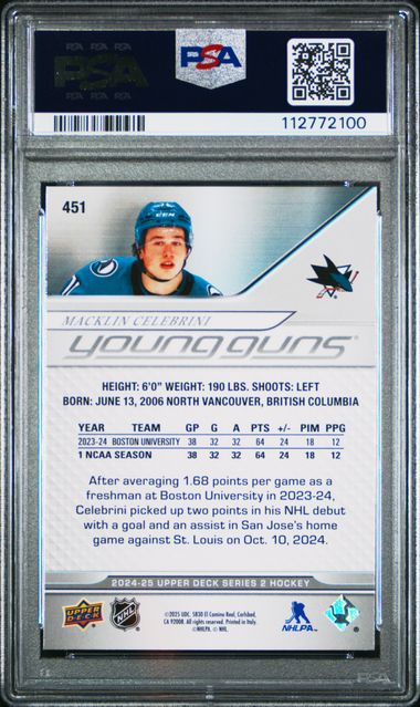 2024 Upper Deck Macklin Celebrini #451 Gem Mt 10 back