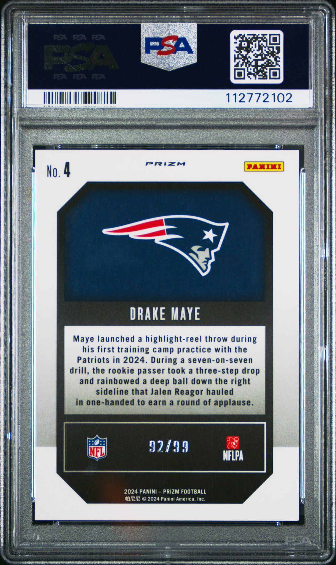 2024 Panini Prizm Emergent Drake Maye #4 (Emergent-Blue Ice) Gem Mt 10 back