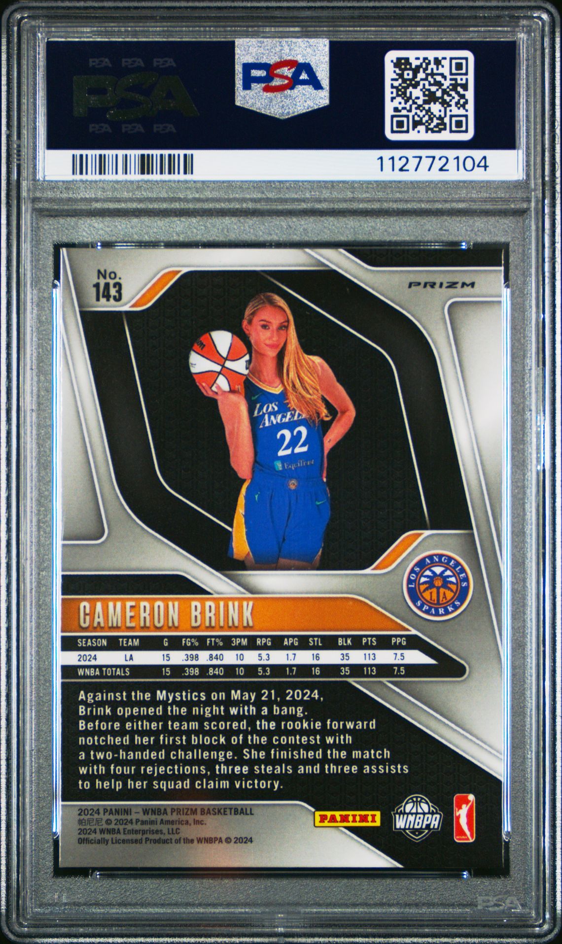2024 Panini Prizm Wnba Cameron Brink #143 (Blue Velocity) Mint 9 back
