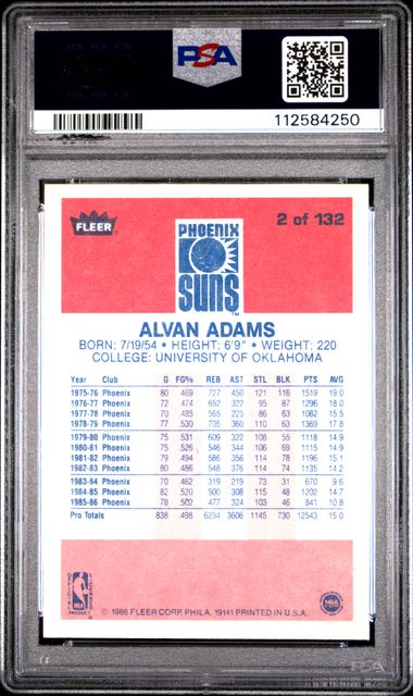1986 Fleer Alvan Adams #2 Nm-Mt 8 back
