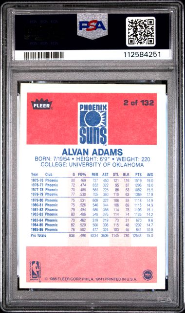 1986 Fleer Alvan Adams #2 Nm-Mt 8 back