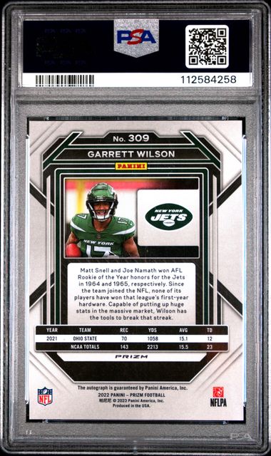 2022 Panini Prizm Garrett Wilson #309 (Autograph) Gem Mt 10 back
