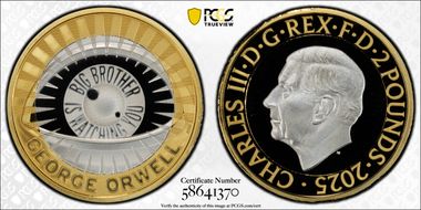 2025 £2 George Orwell - Piedfort Ag Selective Gilt PR70DCAM
