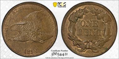 1858/7 1C Strong Overdate MS64
