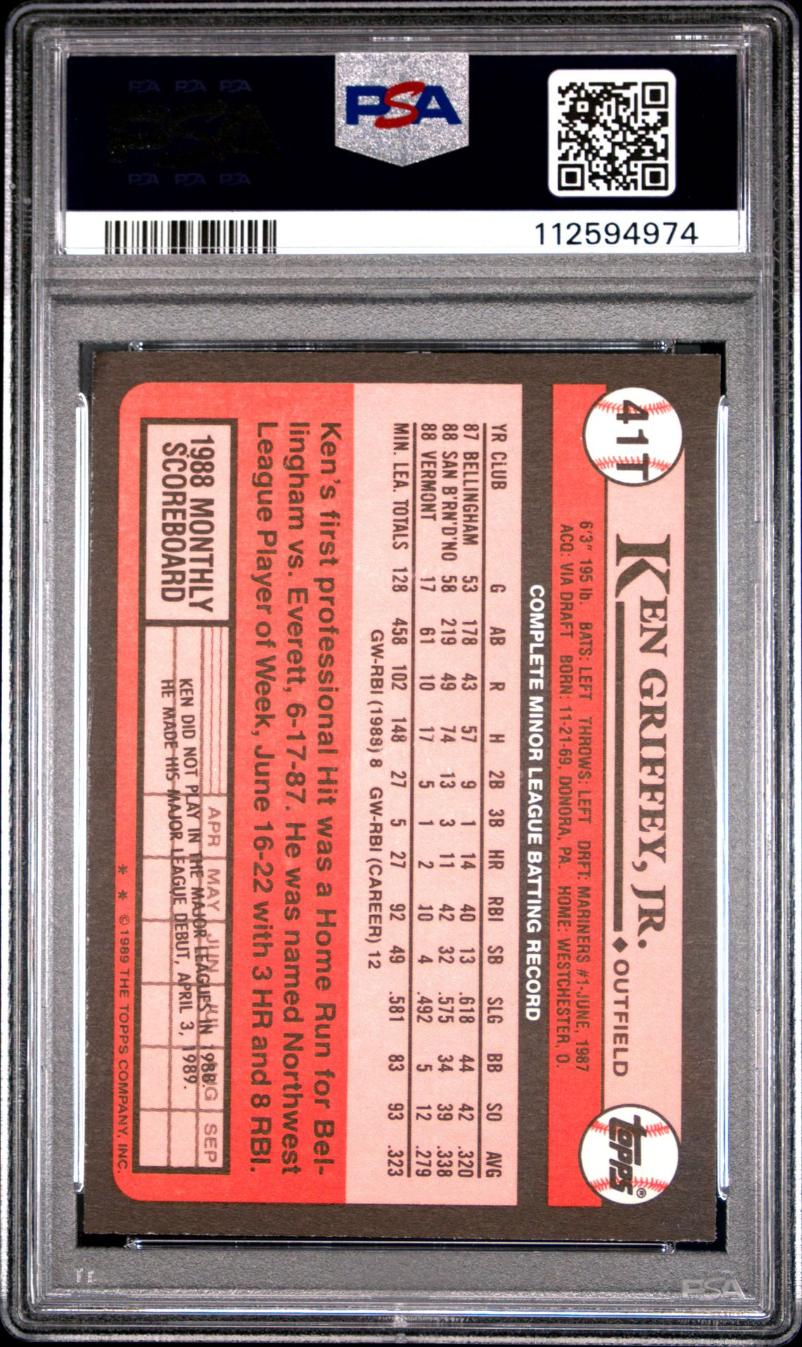 1989 Topps Traded Ken Griffey Jr. #41T Mint 9 back