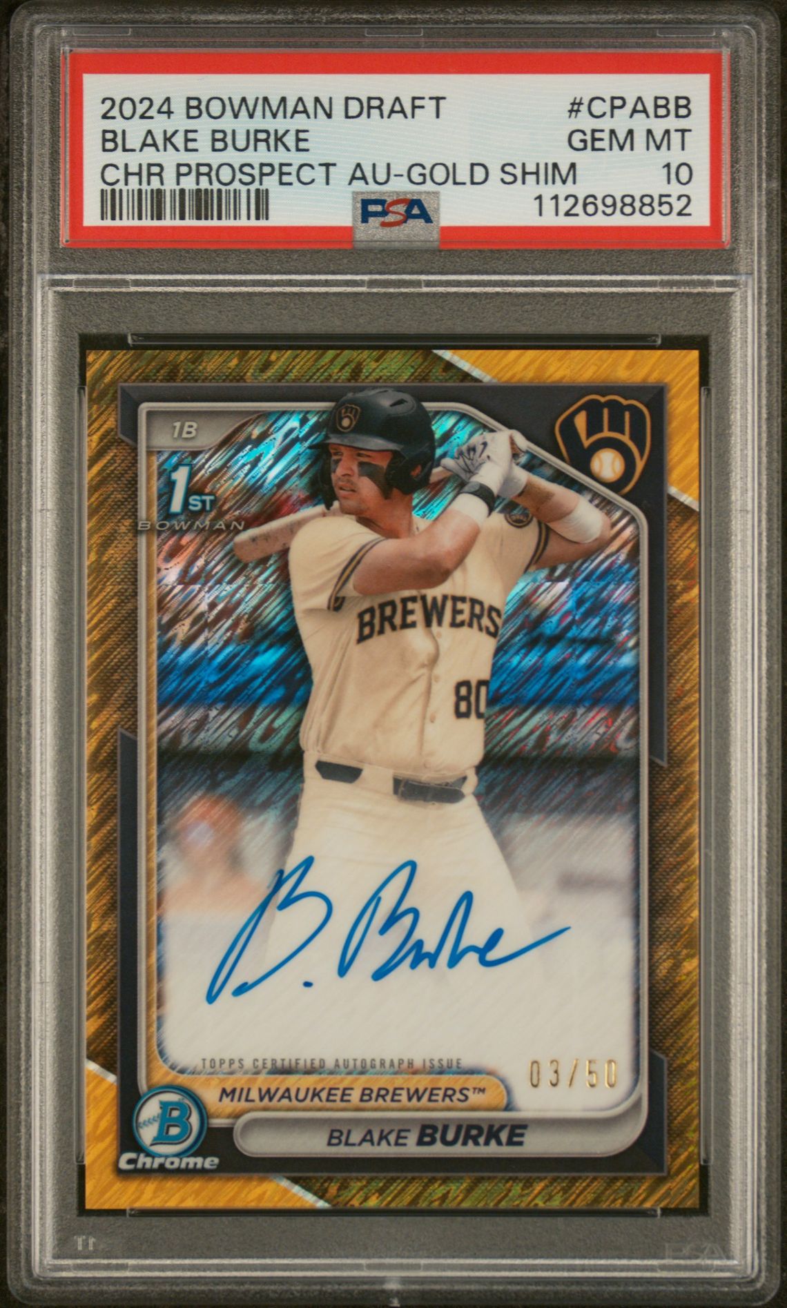 2024 Bowman BOWMAN DRAFT CHROME PROSPECT AUTOGRAPHS Gold Shimmer #CPABB Blake Burke front