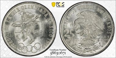 1968-Mo 25 Peso Olympic KM-479.2 Low Cntr Ring, Str. Tongue MS65
