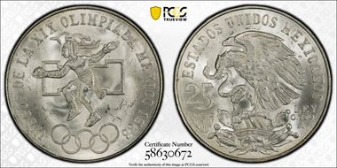 1968-Mo 25 Peso Olympic KM-479.3 Low Cntr ring, Curve Tongue MS65