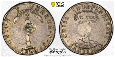 (1834-37) 8 R KM-108 C/M on Chile Peso XF40