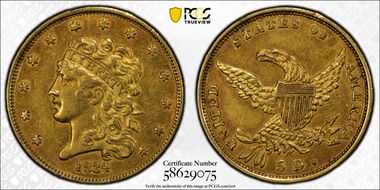 1834 $5 Classic Head, Plain 4 AU55