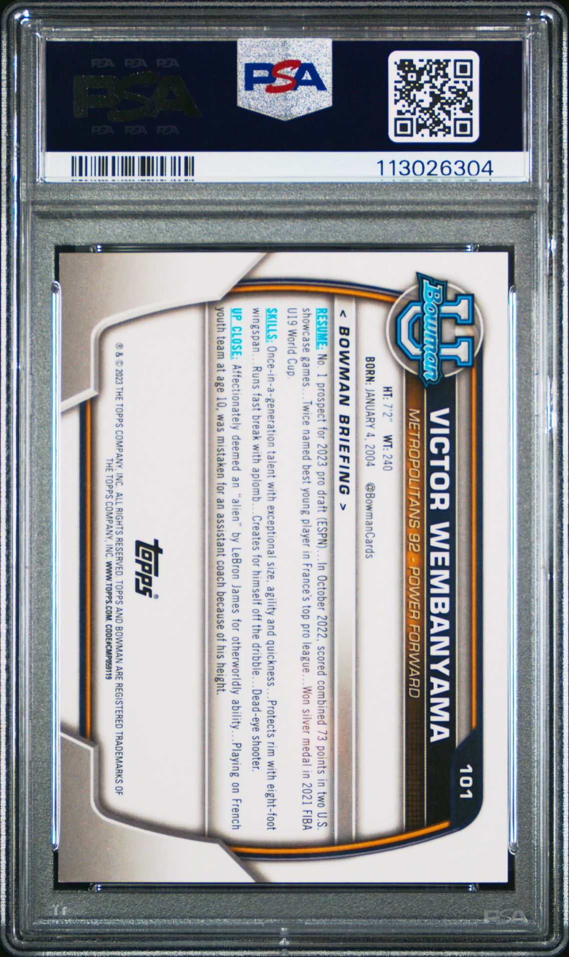 2022 Bowman Chrome University Victor Wembanyama #101 Gem Mt 10 back view - PSA certificate #113026304
