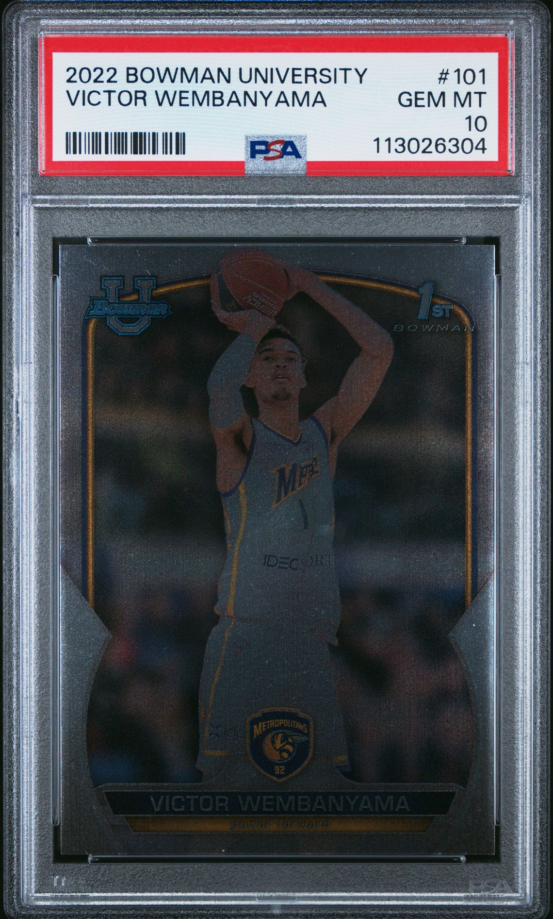 2022 Bowman Chrome University Victor Wembanyama #101 Gem Mt 10 front view - PSA graded GEM MT 10